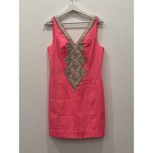 LILLY PULITZER Junie Shift Dress Coral Reef Pink METALLIC Gold TRIM Sz 4 retro